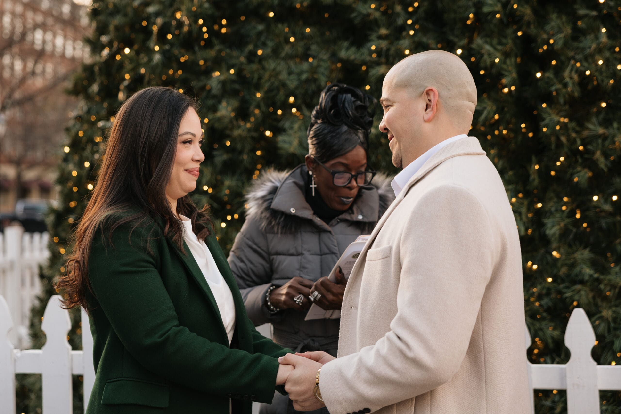 Bride and groom gaze at each other during their romantic elopement ceremony in Old Town Alexandria
